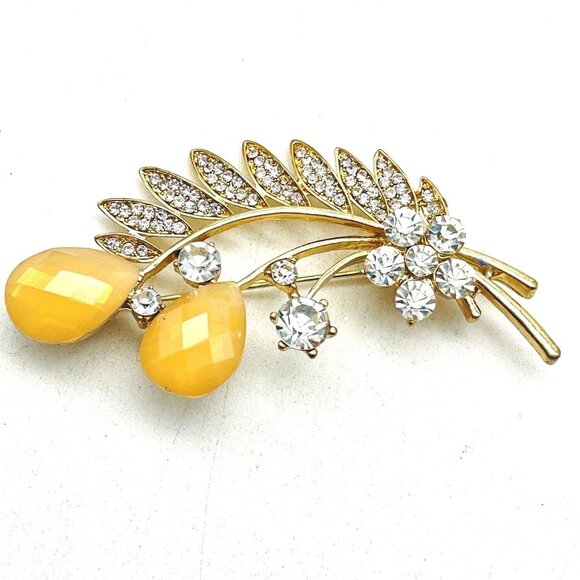 Yellow Faceted Bead Pin Rhinestones Gold Tone Feathers Leaves Glam Bling Sparkle - Picture 1 of 6